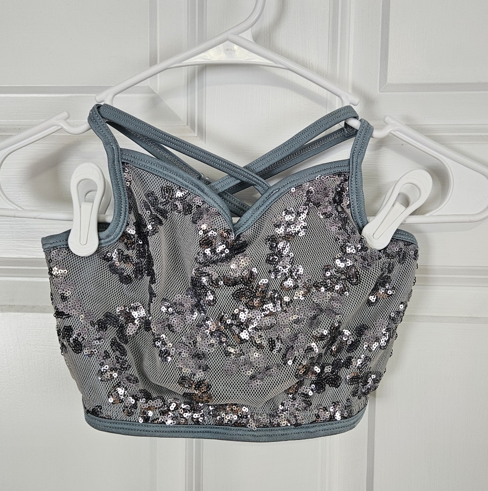 Curtain Call Dusty Sage Sequin Dance Costume Top & Skirt With Attached Brief